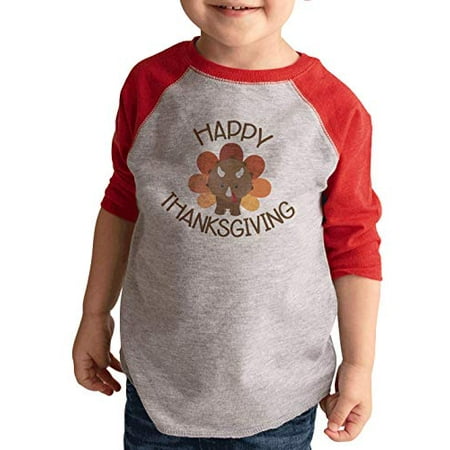 

7 ate 9 Apparel Kids Happy Thanksgiving Turkey Dinosaur Raglan Red