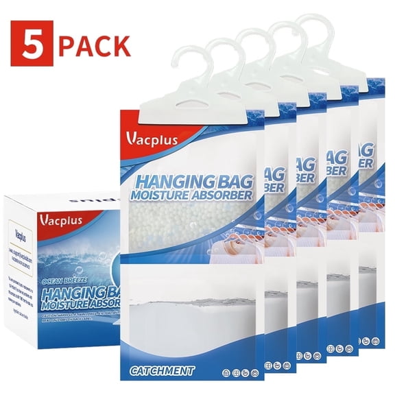 Vacplus Moisture Absorbers Hanging Bags, Ocean Breeze Scent, 5 Pack, 9.8 oz