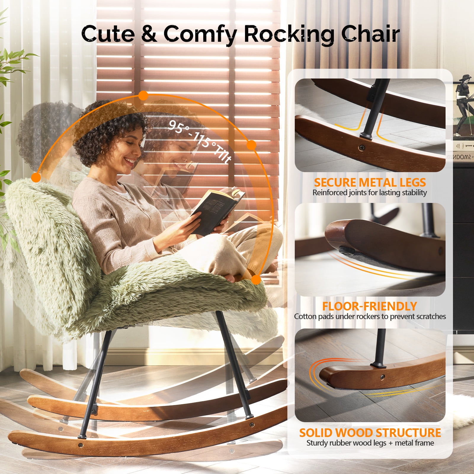 Ktaxon Rocking Accent Chair with Padded Seat, Cute Cozy Nest Style Nursery Chair, Long Pile Fabric Glider Rocker with Wooden Metal Frame Green
