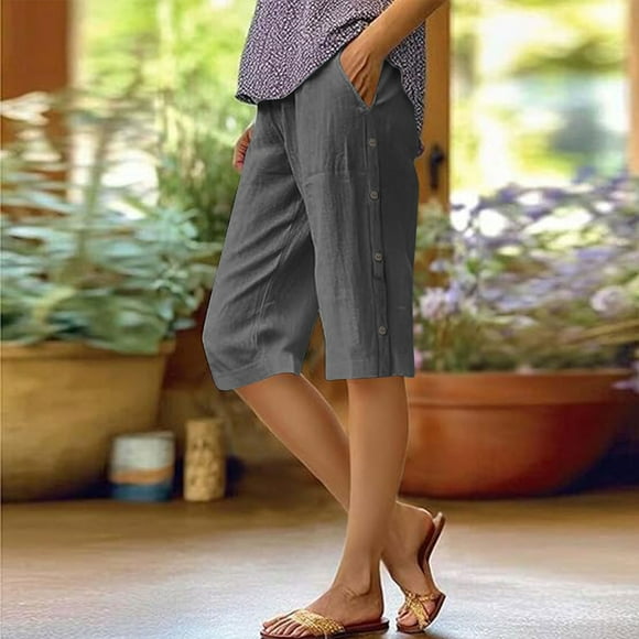Bermuda Shorts Women Ladies Cotton Linen Long Shorts Casual Loose Summer Beach Bermuda Shorts with Pockets Dark Grey XXL