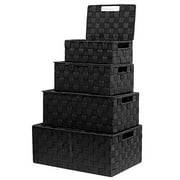 VK Living Storage Baskets Woven Basket Bin Container Tote Cube Organizer Set Stackable Storage Basket Woven Strap Shelf Organizer Built-In Carry Handles (Lid Bins - 4 Pack, Black)