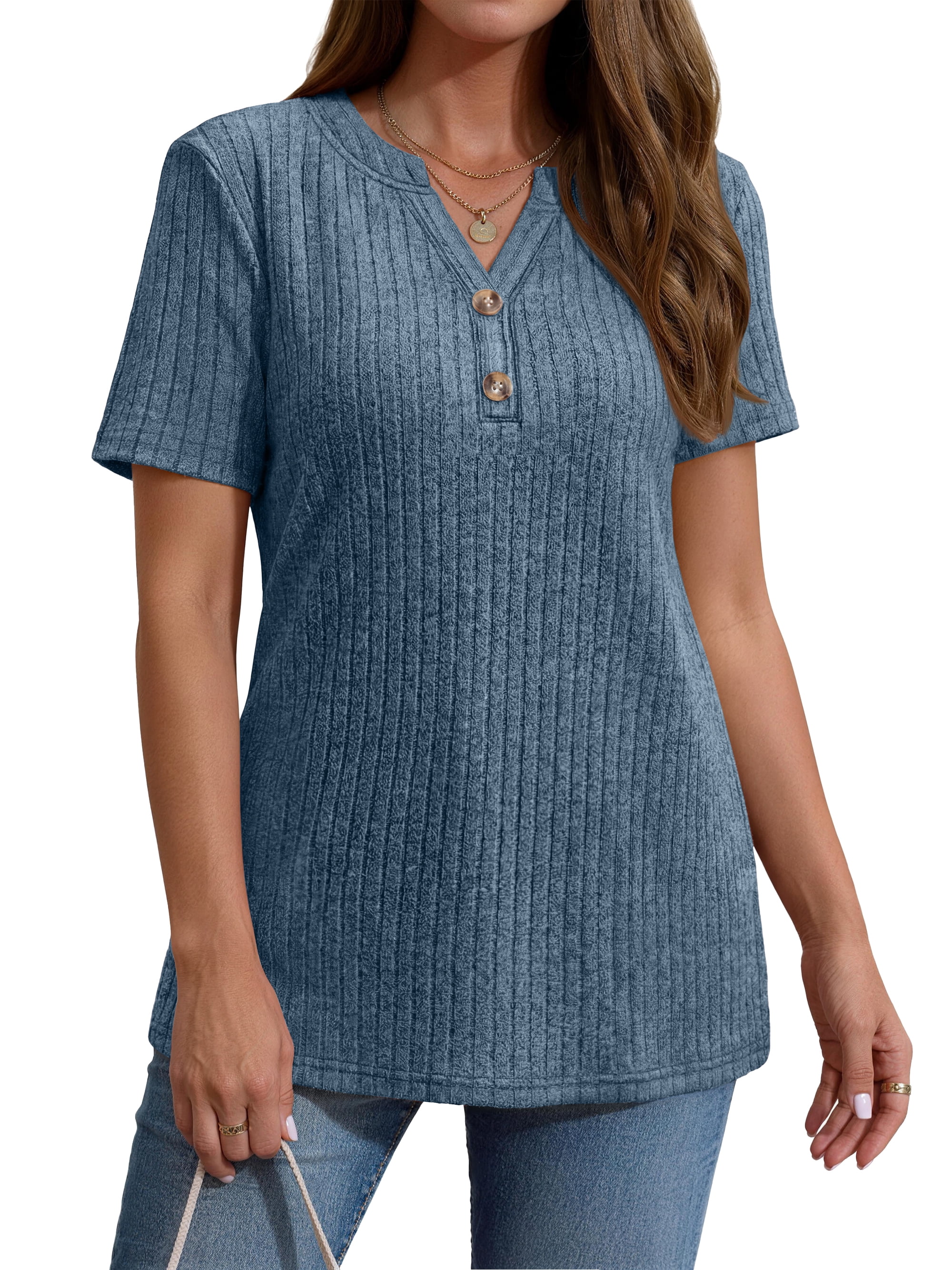 Fantaslook V Neck Tops for Women Short Sleeve Henry Shirts with Button Dressy Casual Summer Blouses Tops