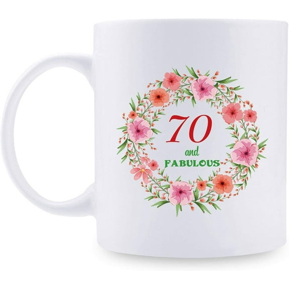70th Birthday Gifts for Women - 70 and Fabulous with A Garland Birthday Mug - 70 Year Old Present Ideas for Mom, Wife, Grandmother, Daughter, Sisters, Friends, Colleague, Coworker - 11 oz Coffee Mug