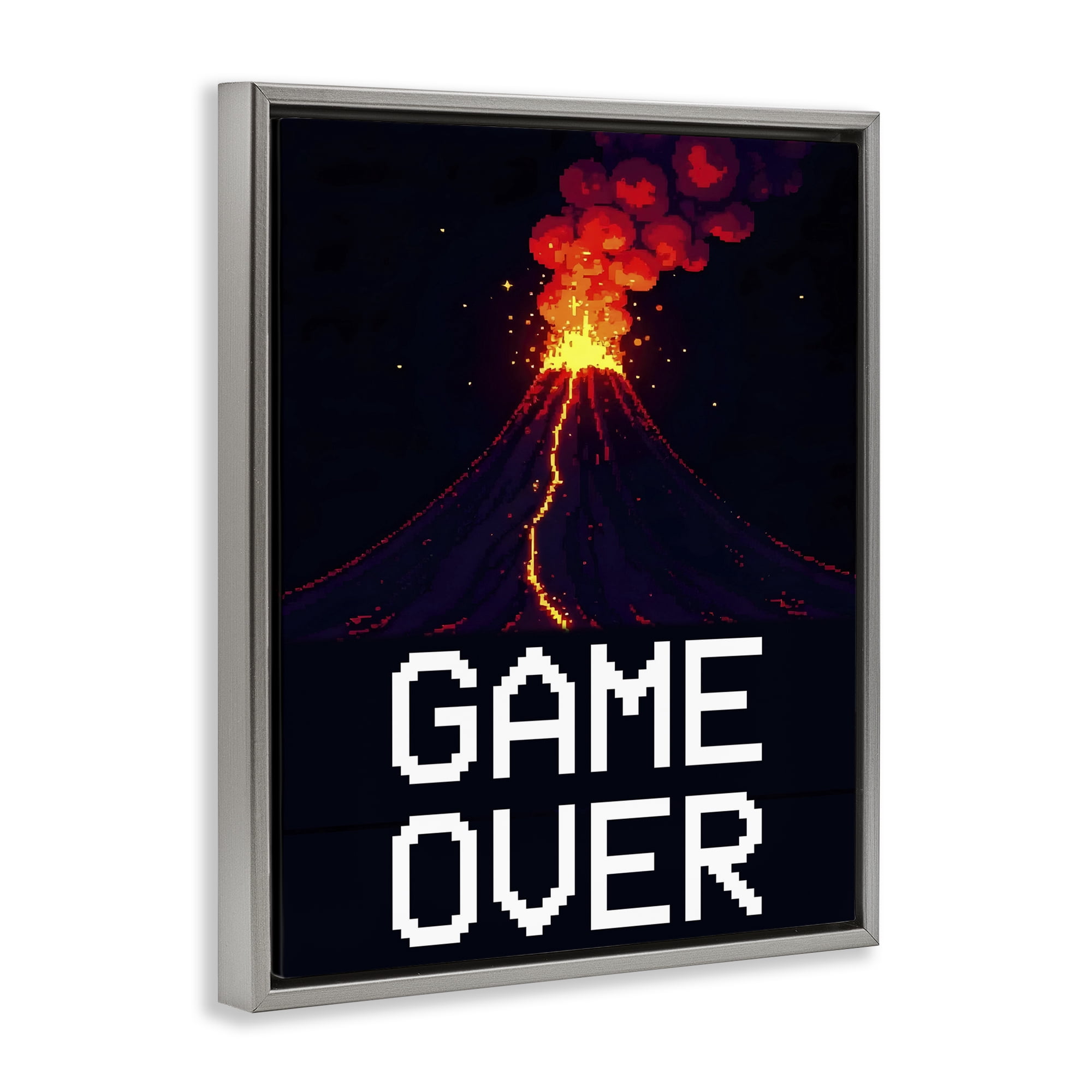 Pixel Volcano Game Over Gray Framed Floater Canvas Wall Art, design by Kim Allen