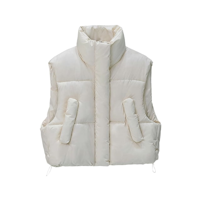 HAiming Cropped Padded Vest for Women Zip up Sleeveless Stand Collar Bottom Drawstring Jackets Coat with Pockets