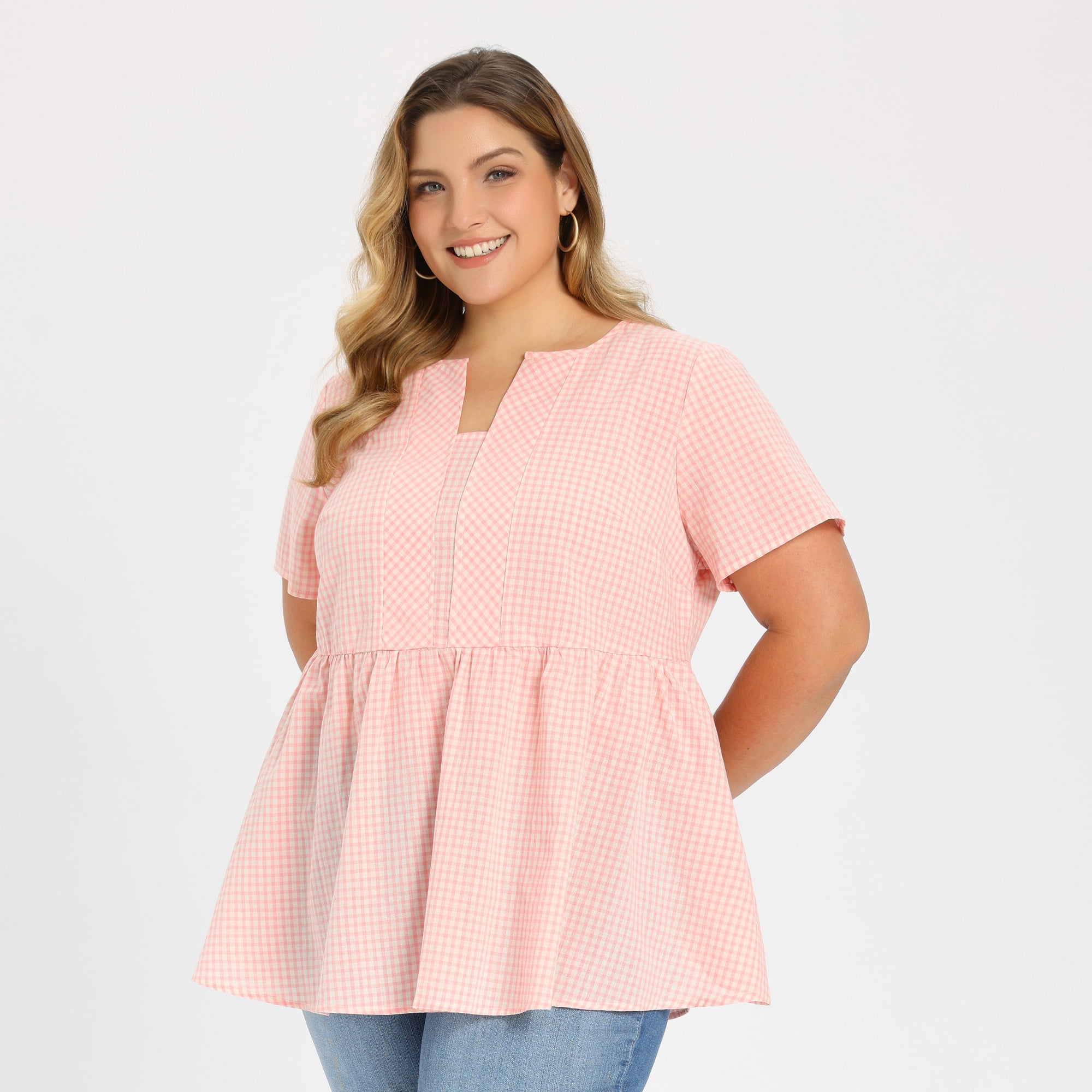 DARING DIVA Women's Plus Gingham Tops Plaid Notch Neck Blouse 3X Light Pink