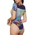 thumbnail image 3 of KLL Women 's Crew Neck Bodysuit Jumpsuits Spring Flower Seasonal Print Short onesies Stretch T Shirts, 3 of 7