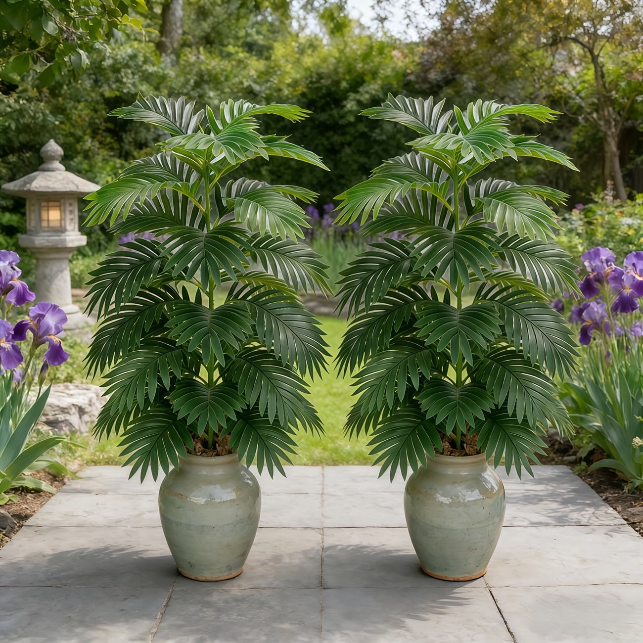 2-Pack Artificial Palm Plants in Pots – Fake Greenery for Home Office Farmhouse Indoor Outdoor Decor, Low Maintenance Faux Potted Greenery
