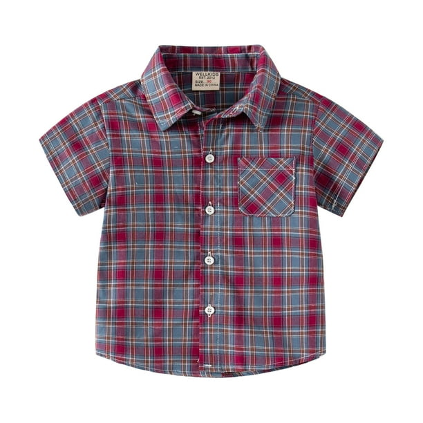 Gibobby Blusas Elegantes Para Niños Chaqueta de camisa de franela para niños pequeños, chaqueta a cuadros de manga corta con solapa y botones, camisa para bebés, niños y niñas(Rojo, 18-24 Meses)