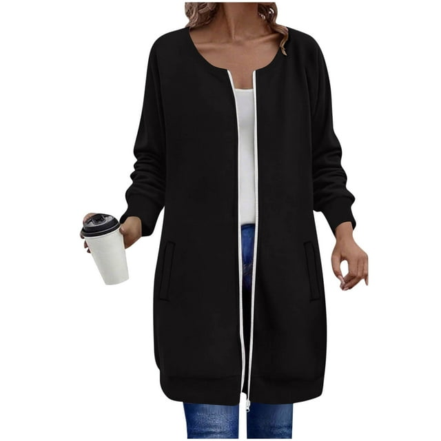 ABATAB Veste à Fermeture Éclair Complète pour Femme, Manches Longues, Tunique Longue, Chandails Molletonnés, Coupe Ample, Décontractée, Manteau d'Automne avec Poches
