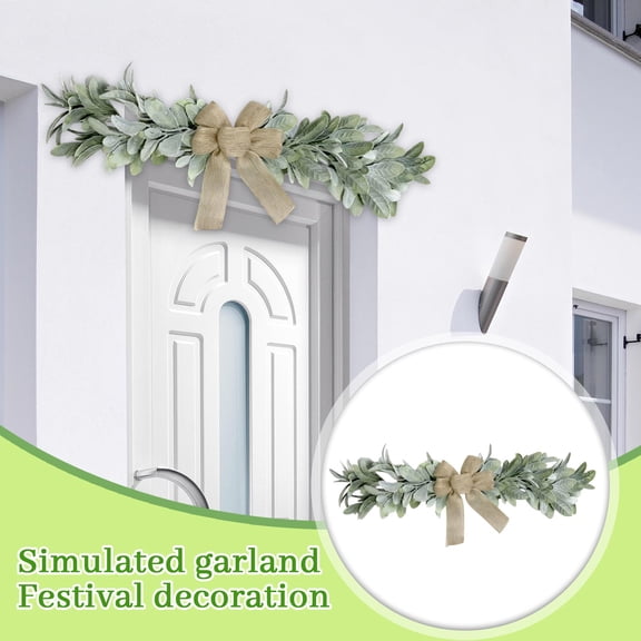 60cm Faux Lambs Ear Garland - Eucalyptus Swag Wreath with Burlap Bow for Farmhouse Front Door Wall Decor