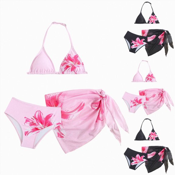 BOBOGOJP Girls 3 Piece Bikini Set Halter Triangle Top Floral Print Mid Waist Bottom Cover Up Skirt Cute Swimwear Blue(Black, 9-10 Years)