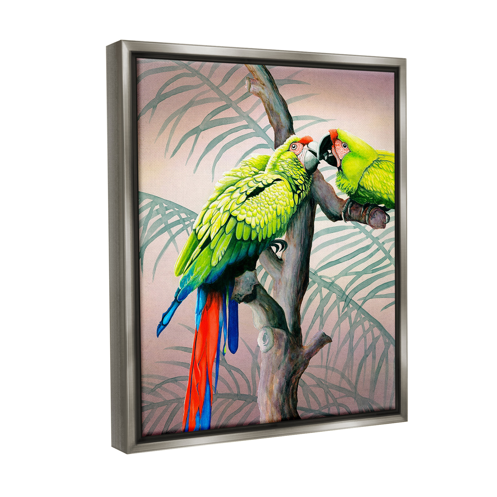 Stupell Industries Parrots Playing on Branch Animals & Insects Painting Gray Floater Framed Canvas Art Print Wall Art, 25 x 31