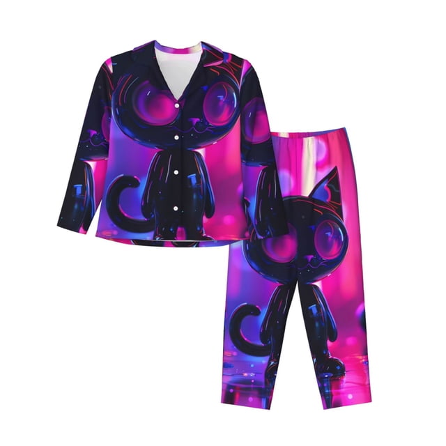 Balery Neon Toy Cat Reflections Conjunto de Pijama con Estampado para Mujer, Conjunto de Dos Piezas con Manga Larga, Ropa de Dormir Suave con Bolsillos, Pijamas Cómodos-Medium