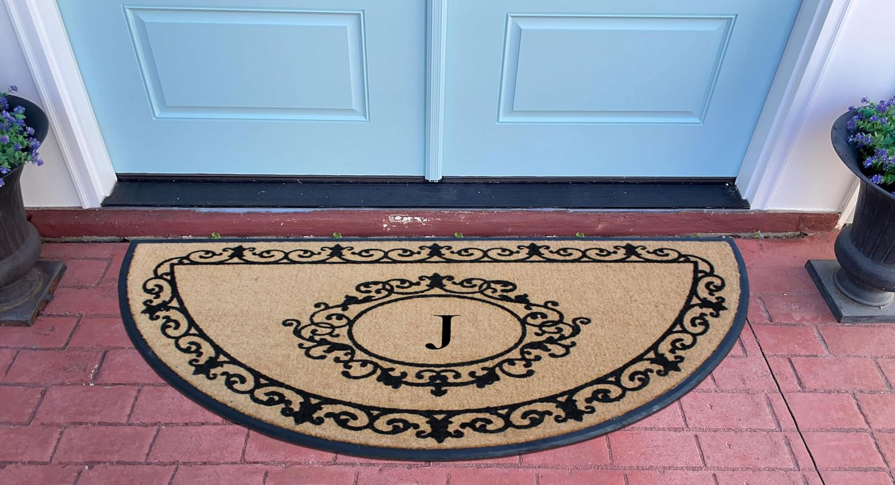 A1HC Heavy-Duty Semi-Circular Coir and Rubber Doormat, 36"x72" Hand-Flocked Monogrammed Front Porch Entrance Rug with Floral Design