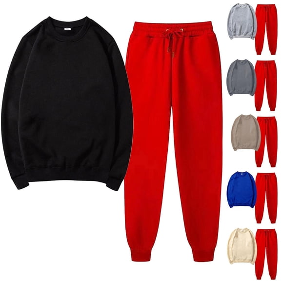 Women's 2 Piece Sweatshirt Sets Round Neck Long Sleeves Solid Pullover Casual Winter Black Sweatpants Tracksuit Outfit ( L )