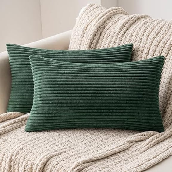 Eryueer Set of 2 Striped Corduroy Square Throw Pillow Case Soft Cushion Cover Sham Home for Sofa Chair Couch/Bedroom Decorative Fluffy Large Pillowcases 12x20 Inch 30x50cm Dark green
