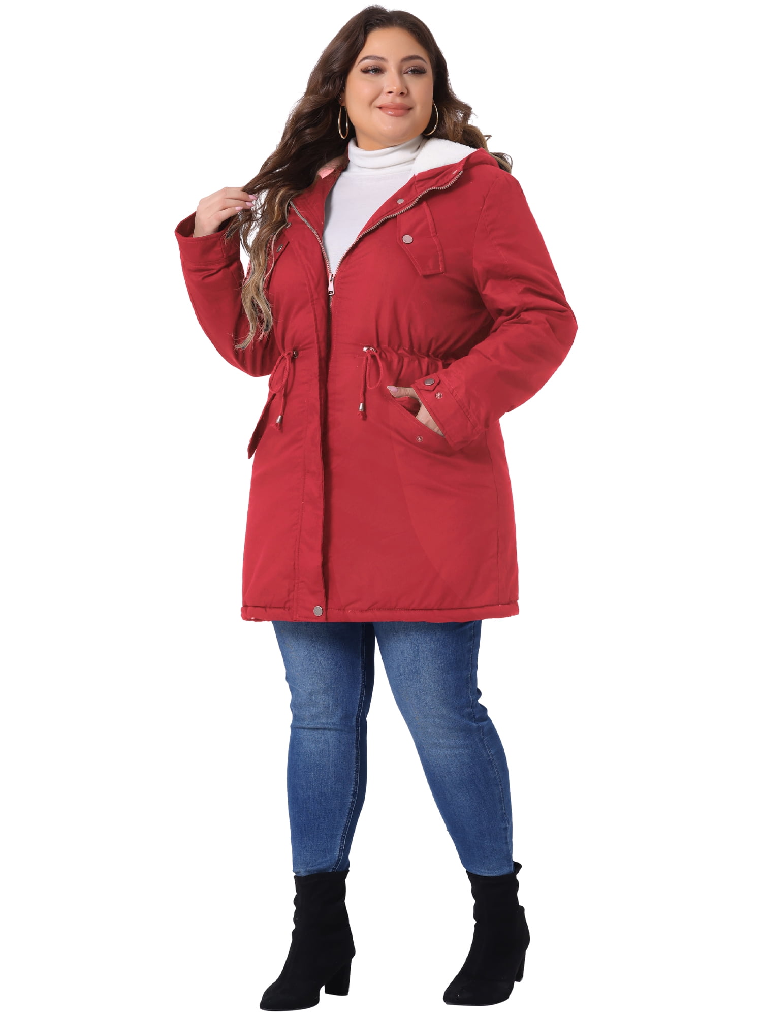 DARING DIVA Women's Plus Size Faux Fur Lined Long Anorak with Hood 2X Red