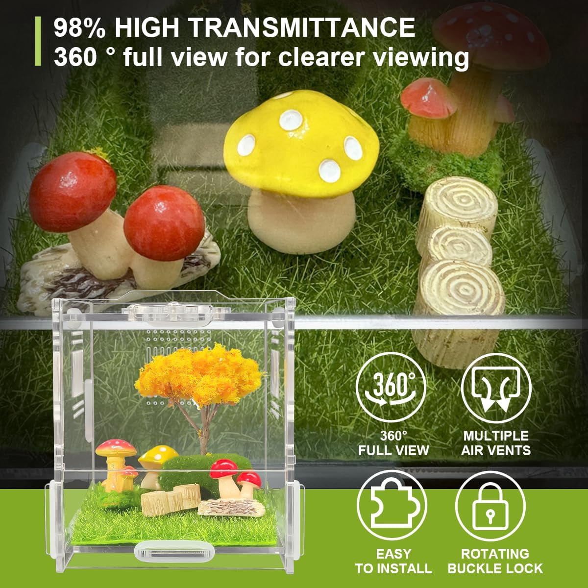 Jumping Spider Enclosure, 4" X 4" X 4" Acrylic Spider Habitat, Front Opening Small Reptile Terrarium with Matrix Ventilation Holes & Feeding Holes, for Jumping Spider Snail Insect