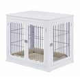 thumbnail image 3 of Unipaws Pet Crate Dog Bed End Table with Cushion, Wooden Wire Dog Kennels with Double Doors, Modern Design Dog House, Big Crate Indoor Use, White, 3 of 7