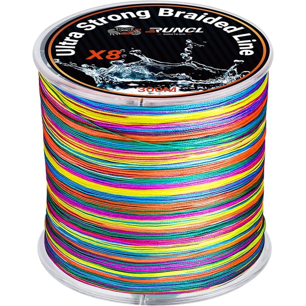 RUNCL Línea de Pesca Trenzada, Resistente a la abrasión, Estiramiento Cero, Trenza de Pesca de Visibilidad Extra Multicolor 8X para Agua Dulce Salada, 328-1093 Yardas, 12-100 LB, Regalo de Pesca, deco