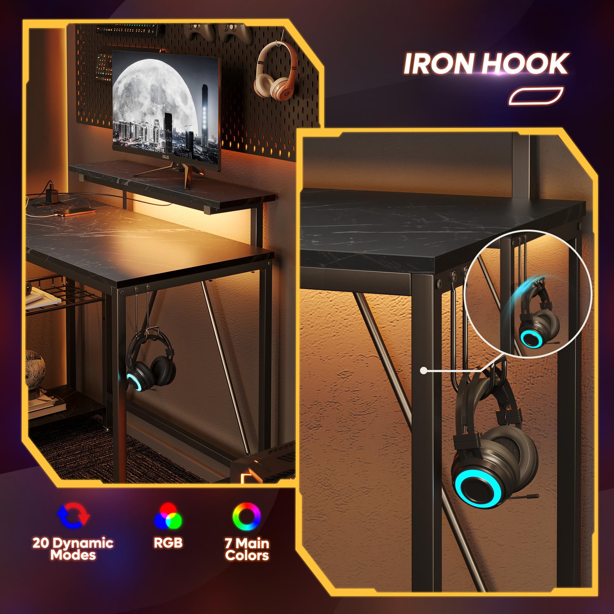 RSPGAME 42" Reversible L-Shaped Gaming Desk with Power Outlets, LED Lights, Monitor Stand & Headset Hooks for Small Spaces, Bedrooms & Home Offices, Black Marble