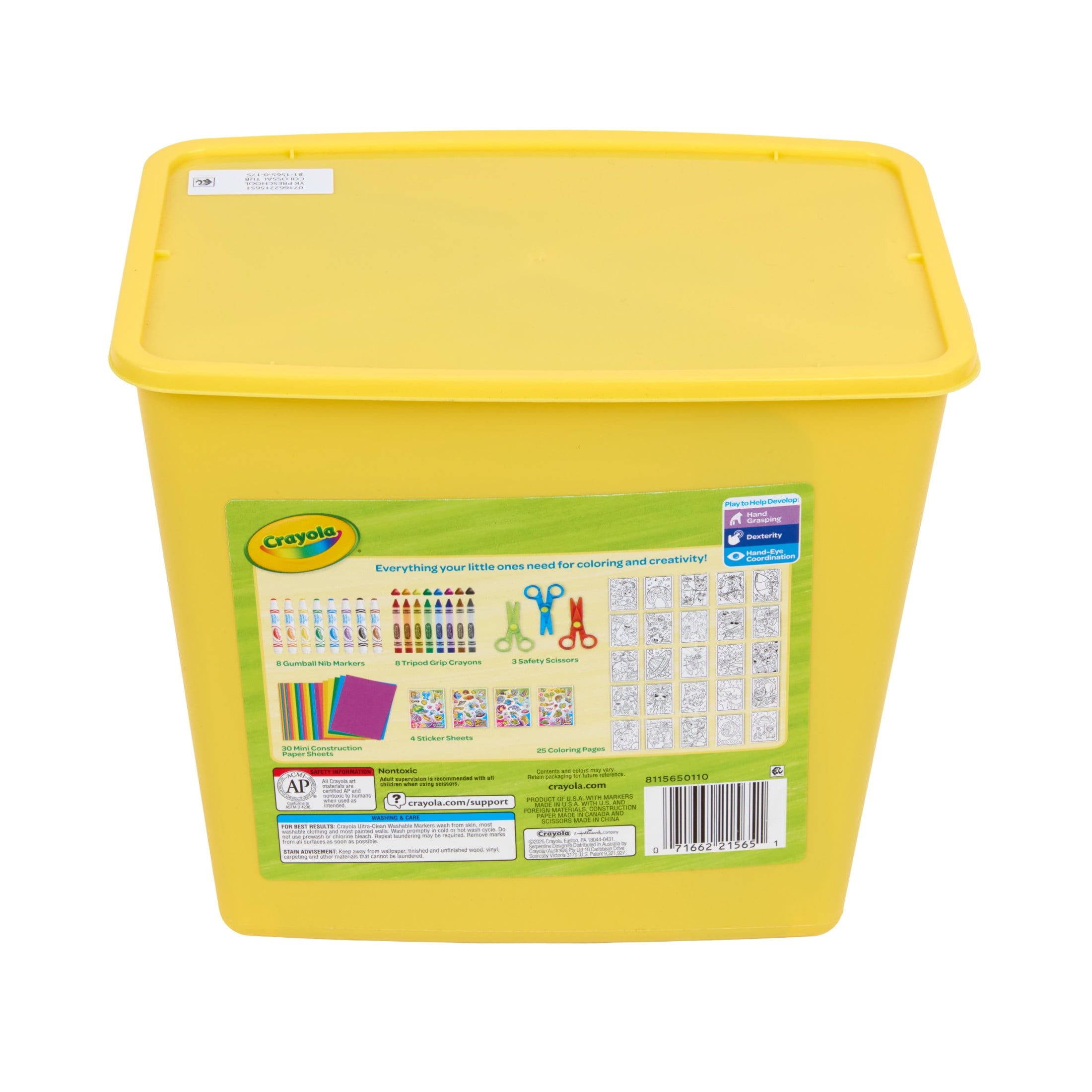 Crayola Young Kids Preschool Colossal Tub, Arts and Crafts Kit, Tipod Markers, Safety Scissors, Creative Toddler Gift, Ages 3, 4, 5, 6