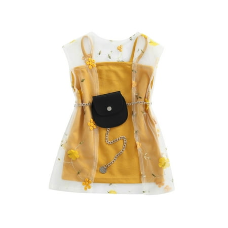 

Bmnmsl Girl Solid Color Suspender Dress Flower Smock with Waist Bag