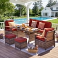 thumbnail image 2 of MEISSALIVVE 6 Pieces Patio Furniture Set with Dining Table, Outdoor Wicker Conversation Set with Fixed Chairs, Wood Armrest, 2 Ottomans, Red, 2 of 9