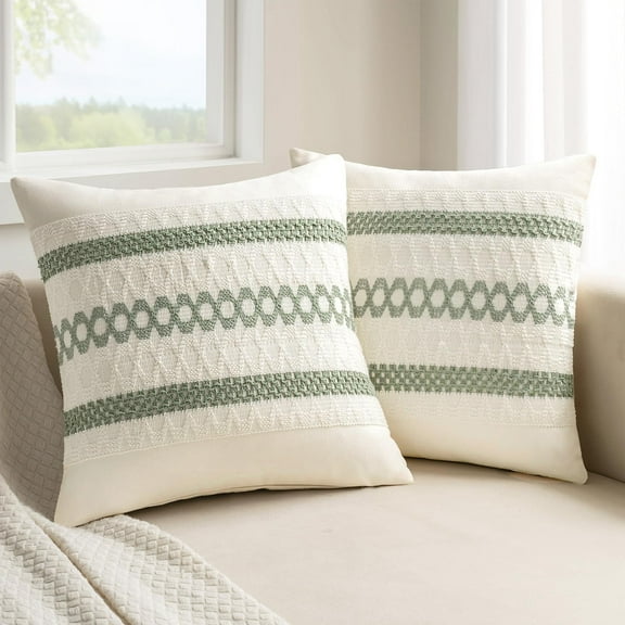 Set of 2 Sage Green Boho Decorative Pillow Covers 18x18 Inch Farmhouse Rustic Couch Throw Pillows Modern Summer Cotton Cushion Covers Retro Cute Macrame Woven Spring Decor for Bed Sofa Chair