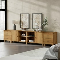 WAMPAT 3-in-1 TV Stand with Doors and Charging Station, 105" Modern Wood Entertainment Center Media Console for 110  inch TVs, Oak Brown