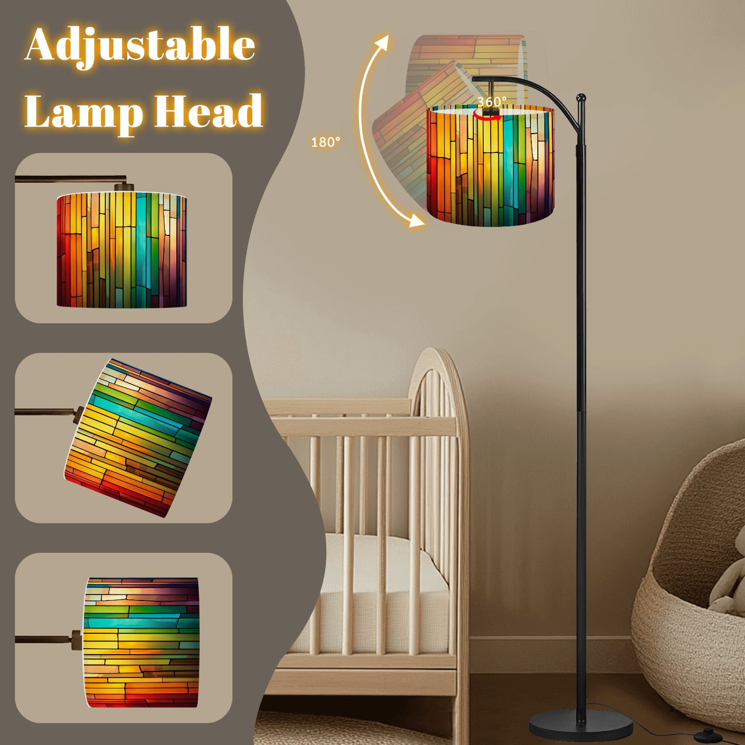 Arc Floor Lamp Colorful stained glass window Abstract stained Tall Modern Standing Lamp LED Adjustable Linen Lampshade 3 Color Temperatures