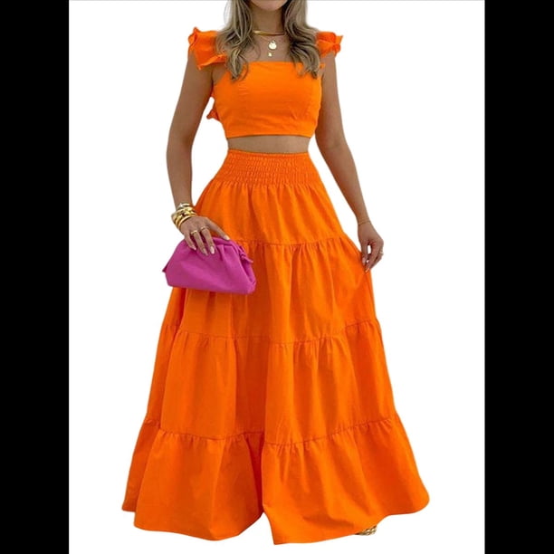 Conjunto de 2 Piezas para Mujer: Top Corto con Tirantes Finos y Falda Larga con Volantes y Cintura Fruncida Naranja XXXL