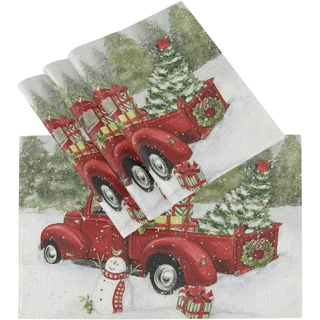 JOOCAR Christmas Placemats, Retro Red Truck Christmas Tree Snowman