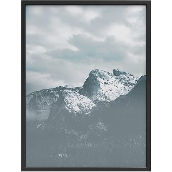 PixonSign Framed Wall Art Print Snow Covered Mountain on Cloudy Day Nature Wilderness Photography Realism Modern Landscape Relax/Calm Blue Duotone for Living Room, Bedroom, Office - 12"x16" BLACK