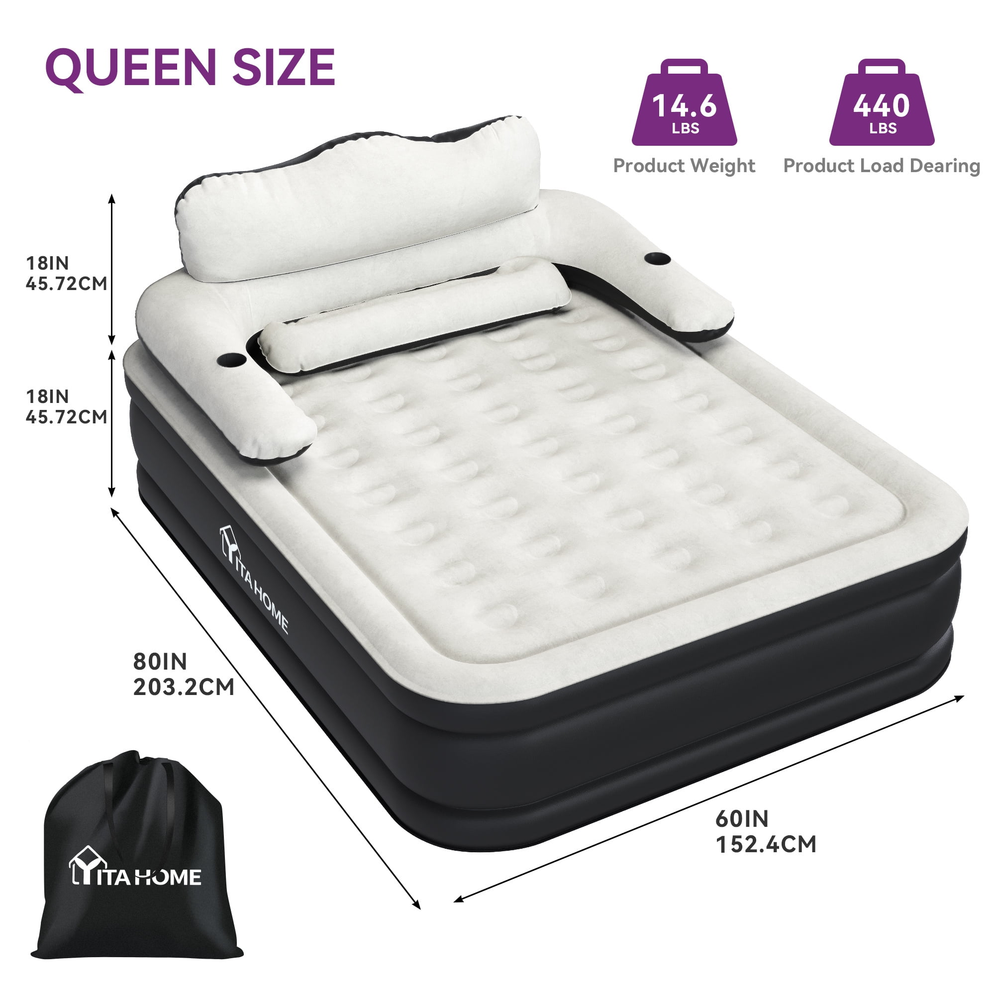Uforic Queen Size Inflatable Air Mattress with Headboard, Built-in 120V Pump & Carry Bag, 18 Inch Height Blow Up Mattress for Home Camping Travel