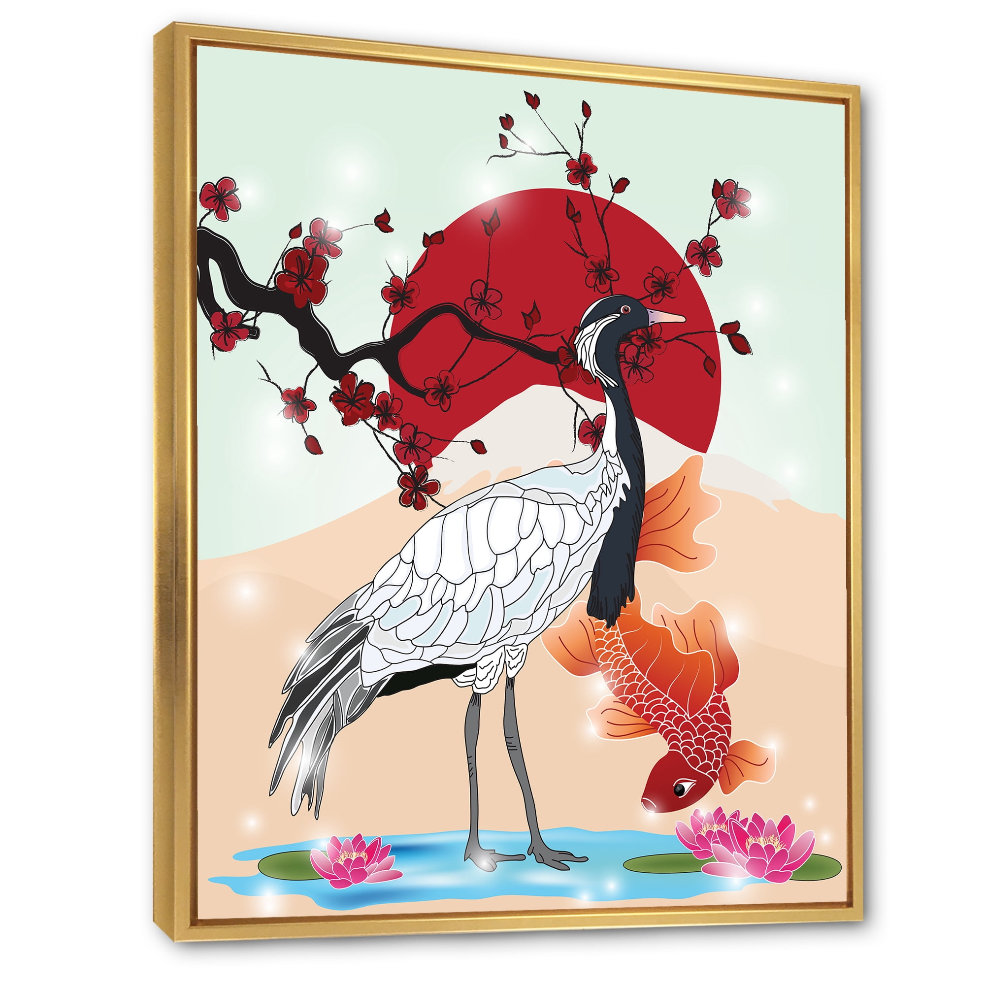 Designart 'Koi Fish With Crane Bird' Farmhouse Framed Canvas Wall Art Print