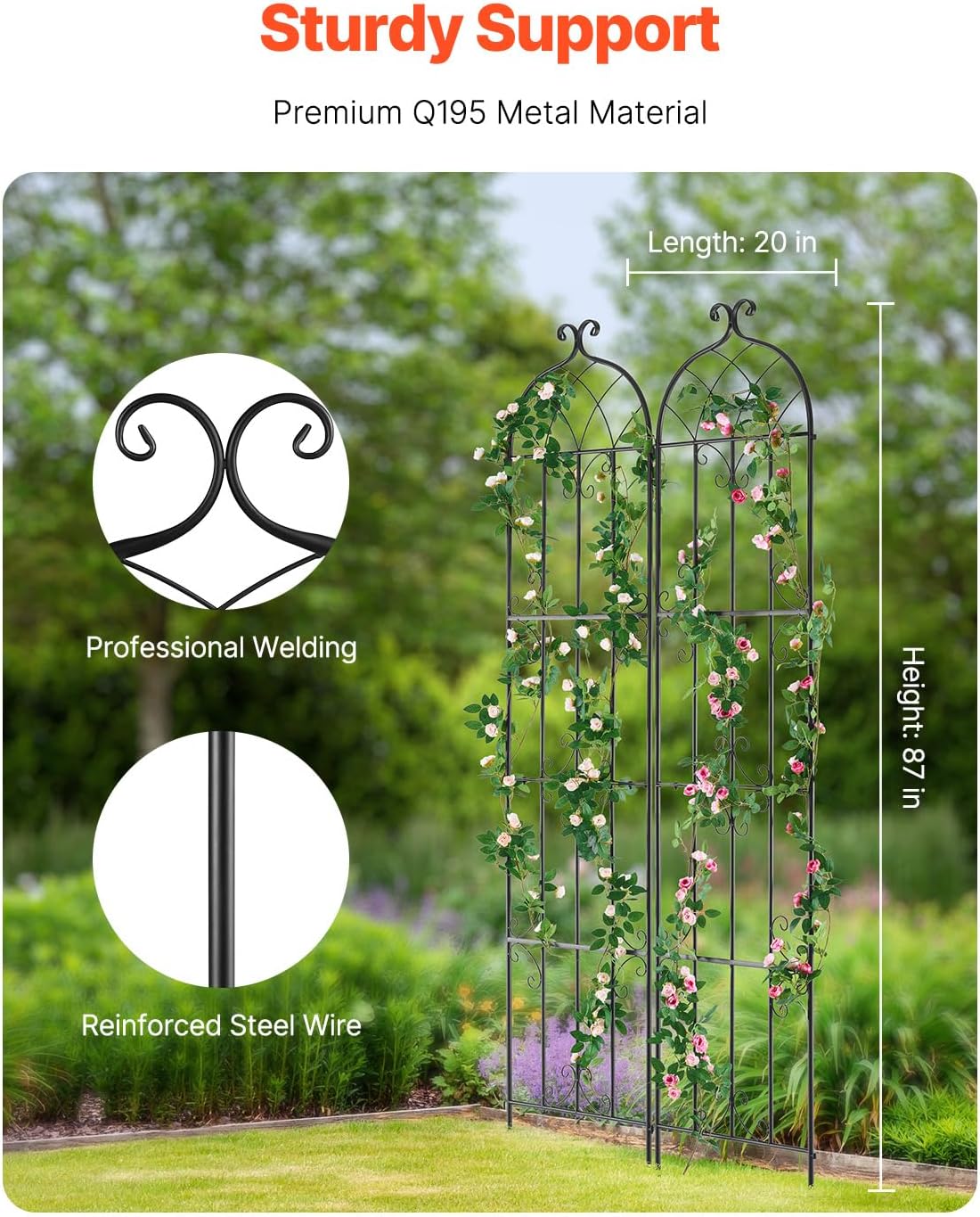 Garden Trellis for Climbing Plants, 87 x 20 in, 2 Packs Rustproof Metal Garden Flower Trellis, Outdoor Climbing Rose Trellis Cucumbers Support, Decorative Clematis Trellis for Courtyards Lawns