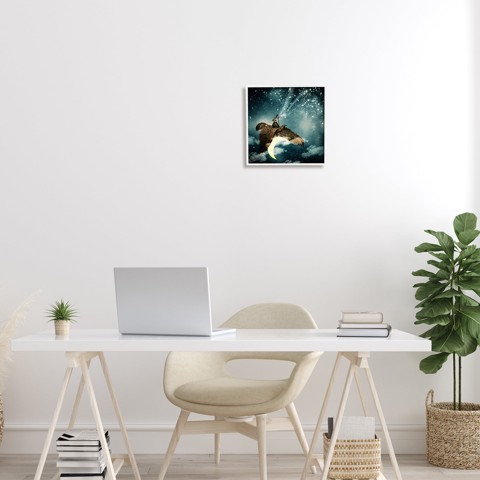 Dreamy Surreal Bird Flying Moon Harp Galaxy Stars Animals & Insects Painting Framed Art Print Wall Art