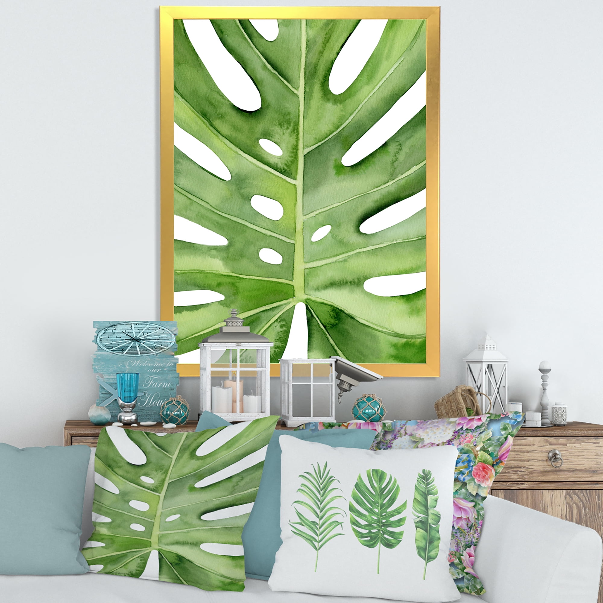 Designart 'Close Up Green Monstera Leaf Tropical Palm' Tropical Framed Art Print