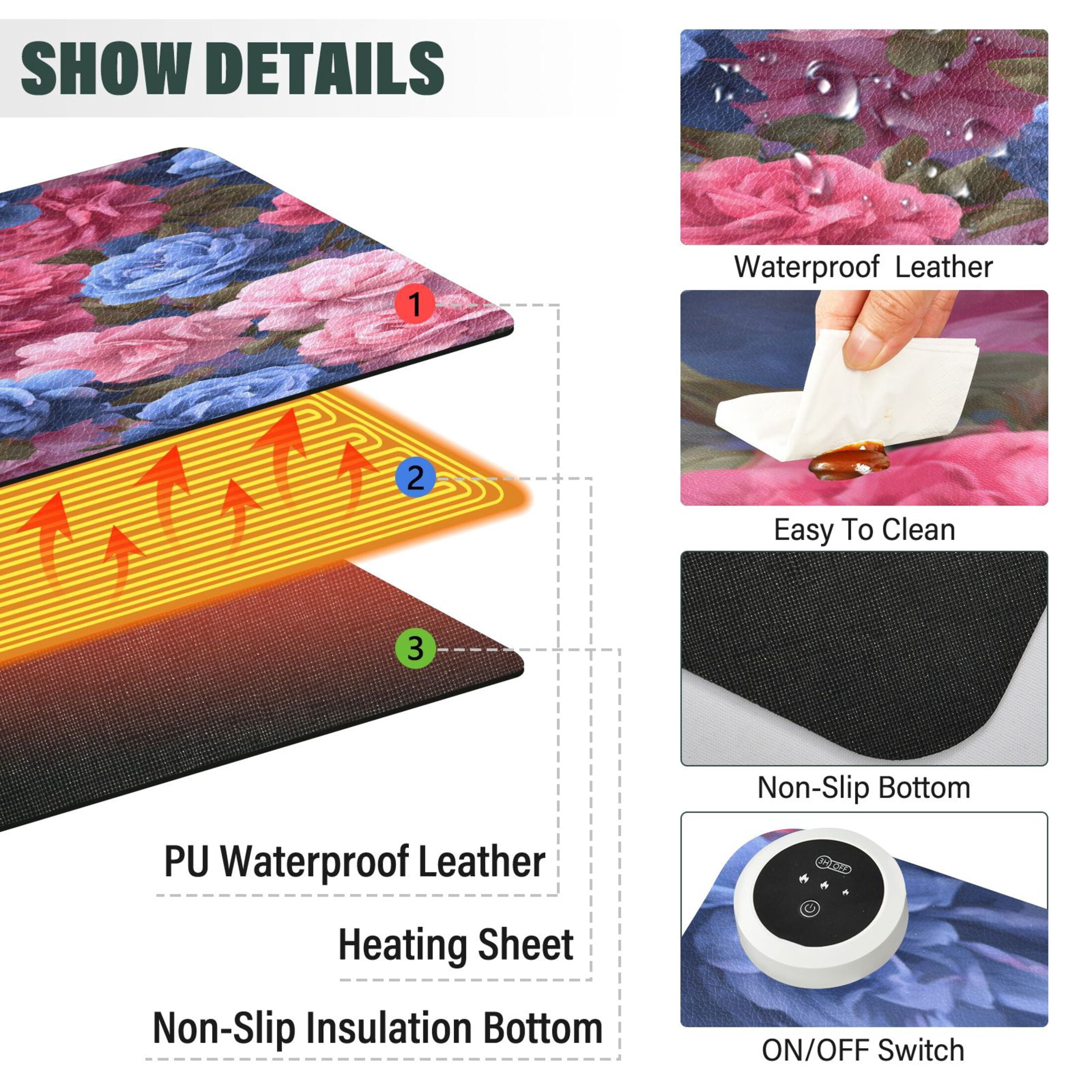 Large Heated Desk Mat Mouse Pad 31.5"x13"PU Leather Graphene Heating Desk Warmer with 3 Temperature Settings 110V US Plug Non-Slip Warm Pad for Home, Office, and Gaming Lush Peony Bouquet Print