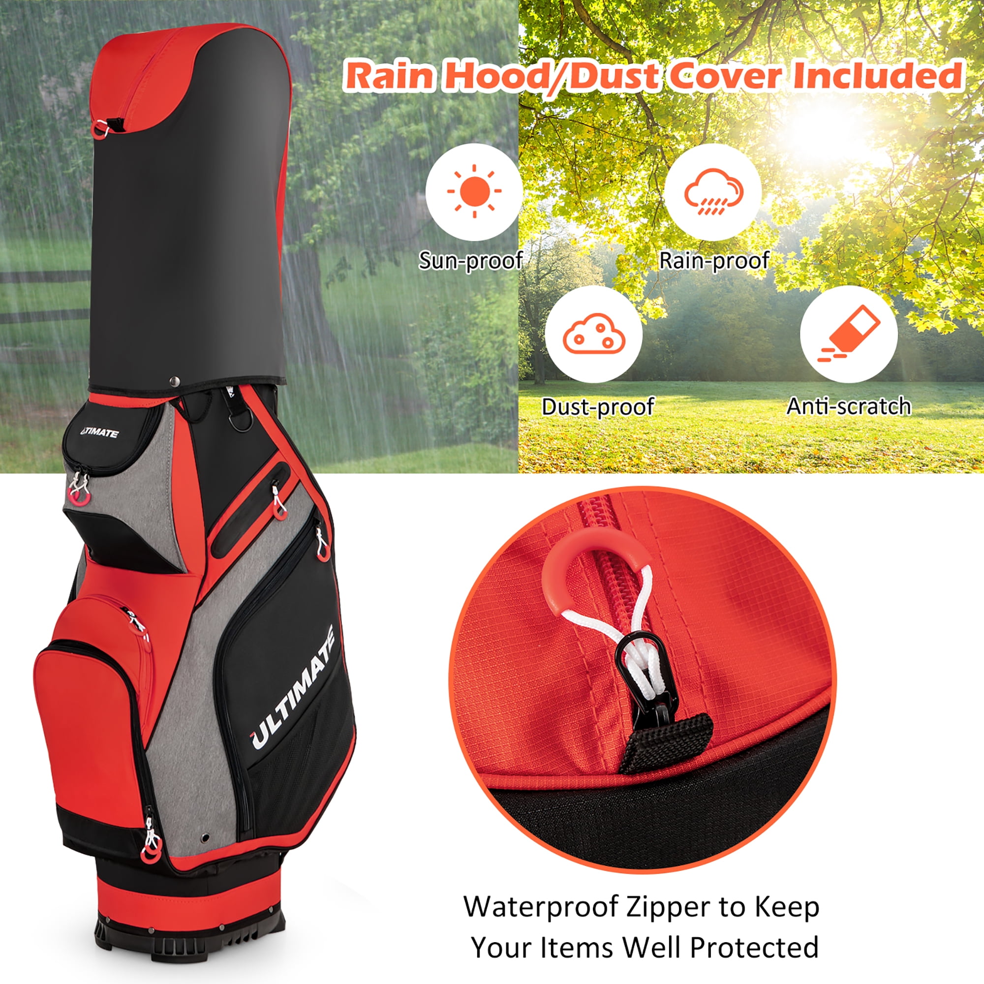 Costway 10.5'' Golf Stand Bag w/14 Way Dividers Rain Hood 7 Zippered Pockets