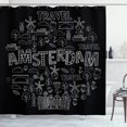 thumbnail image 1 of Amsterdam Shower Curtain, Doodle Drawings of Plants Houses Bicycles Windmills Travel Wording, Fabric Bathroom Set with Hooks, 69W X 84L Inches Extra Long, Charcoal Grey and White, by Ambesonne, 1 of 3