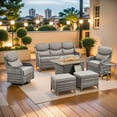 thumbnail image 2 of PARKWELL 7 Pieces Outdoor Patio High Back Furniture Set with Fire Pit Table, Luxury 6" Thick Conversation Set with Swivel Glider Chairs,Wicker Seating Set for Deck, Backyard,Gray/Gray, 2 of 13