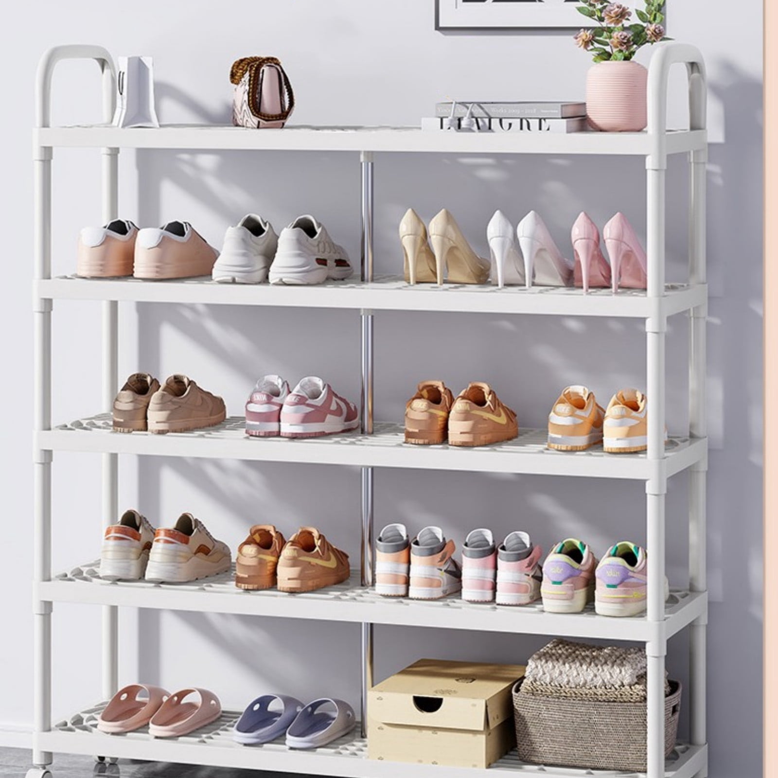 Rolling Shoe Rack with Wheels, Stackable Shoe Organizer for Entryway, Garage, Dorm, Heavy Duty Shoe Storage Shelf for Boots, Sneakers, Multi-Tier Rack for Small Spaces