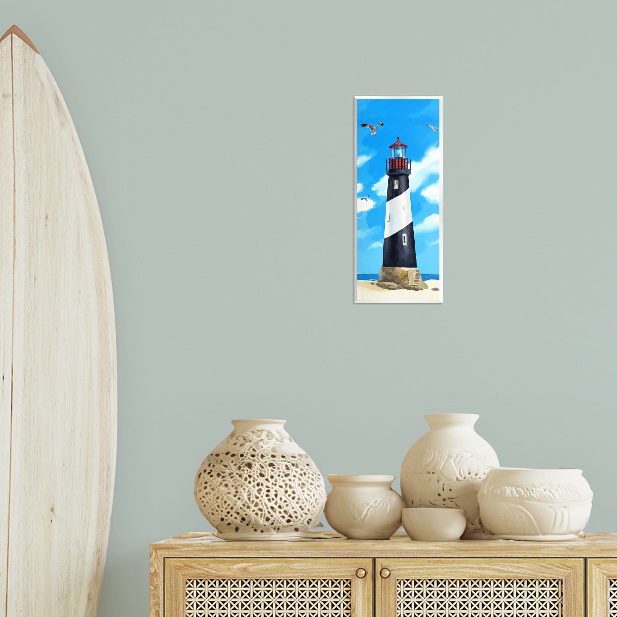 Stupell Industries Lighthouse on Beach Coastal Painting Unframed Art Print Wall Art, 7 x 17