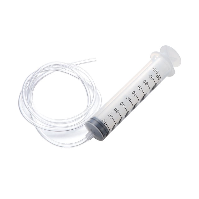 Inyector de plástico de gran capacidad de 100 ml con tubo de 0,8 m para dispensación industrial.