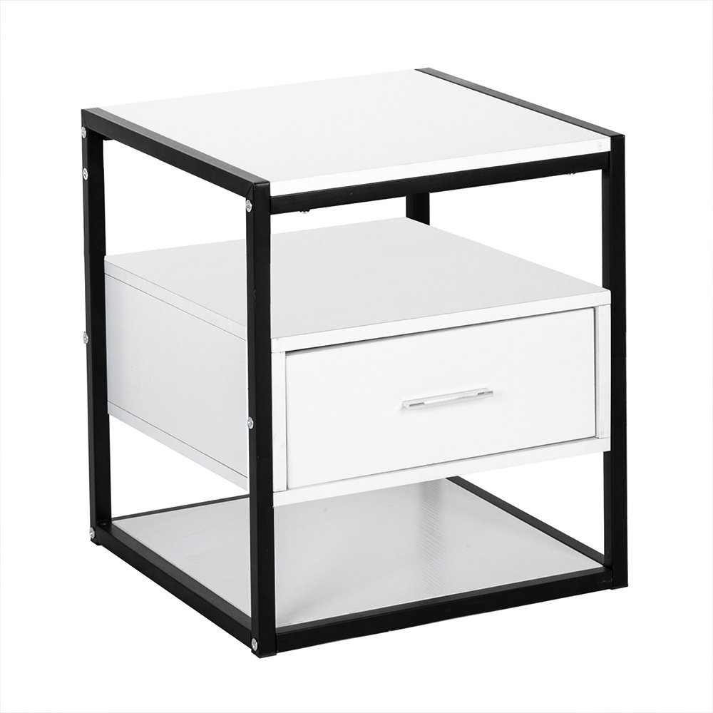 Tcbosik Modern Simple White Nightstand with Black Metal Frame One Drawer (Middle)
