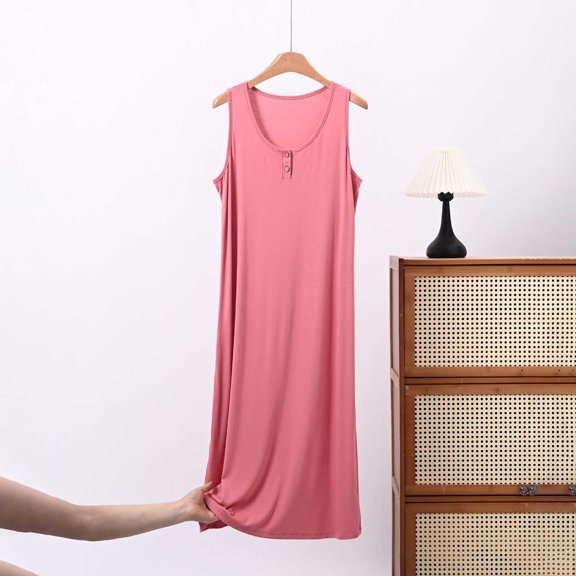 ZyeKqe Long Nightgown for Women Plus Size Sleeveless Button Front Crewneck Stretch Casual Lightweight Comfy Loungewear Midi Dress