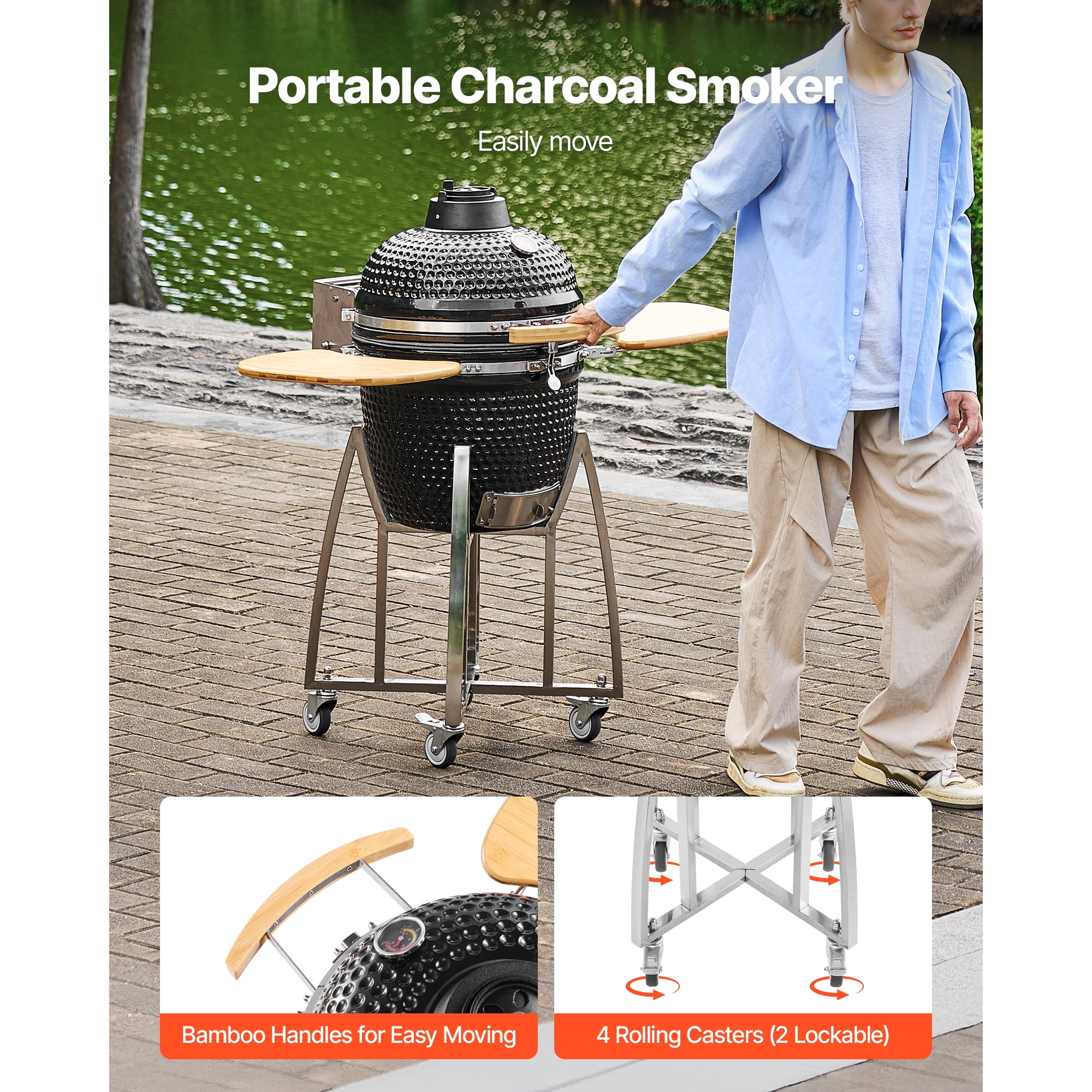 KFFKFF 18" Charcoal BBQ Smoker and Grill, Portable Ceramic Barbecue with Wheels, Built-in Thermometer, and Side Shelves for Outdoor Cooking